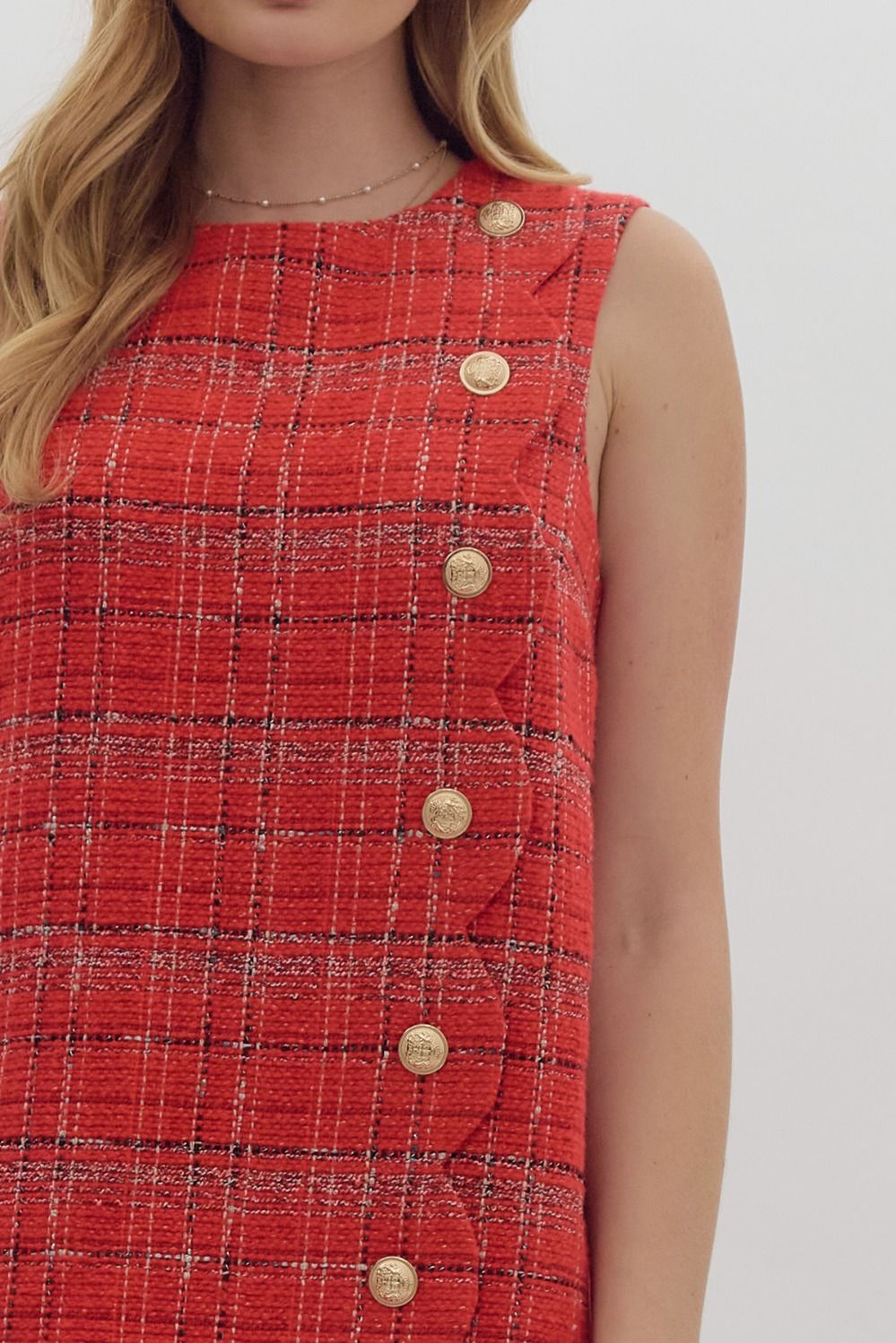 Red Tweed Scallop Detail Dress