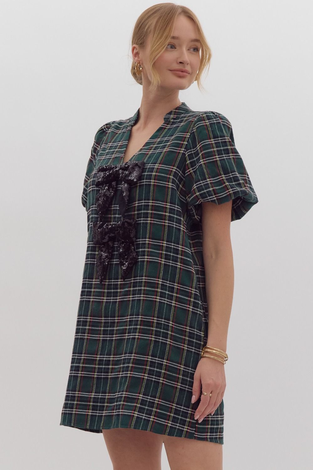 Green Tartan Plaid Rhinestone Bow Dress