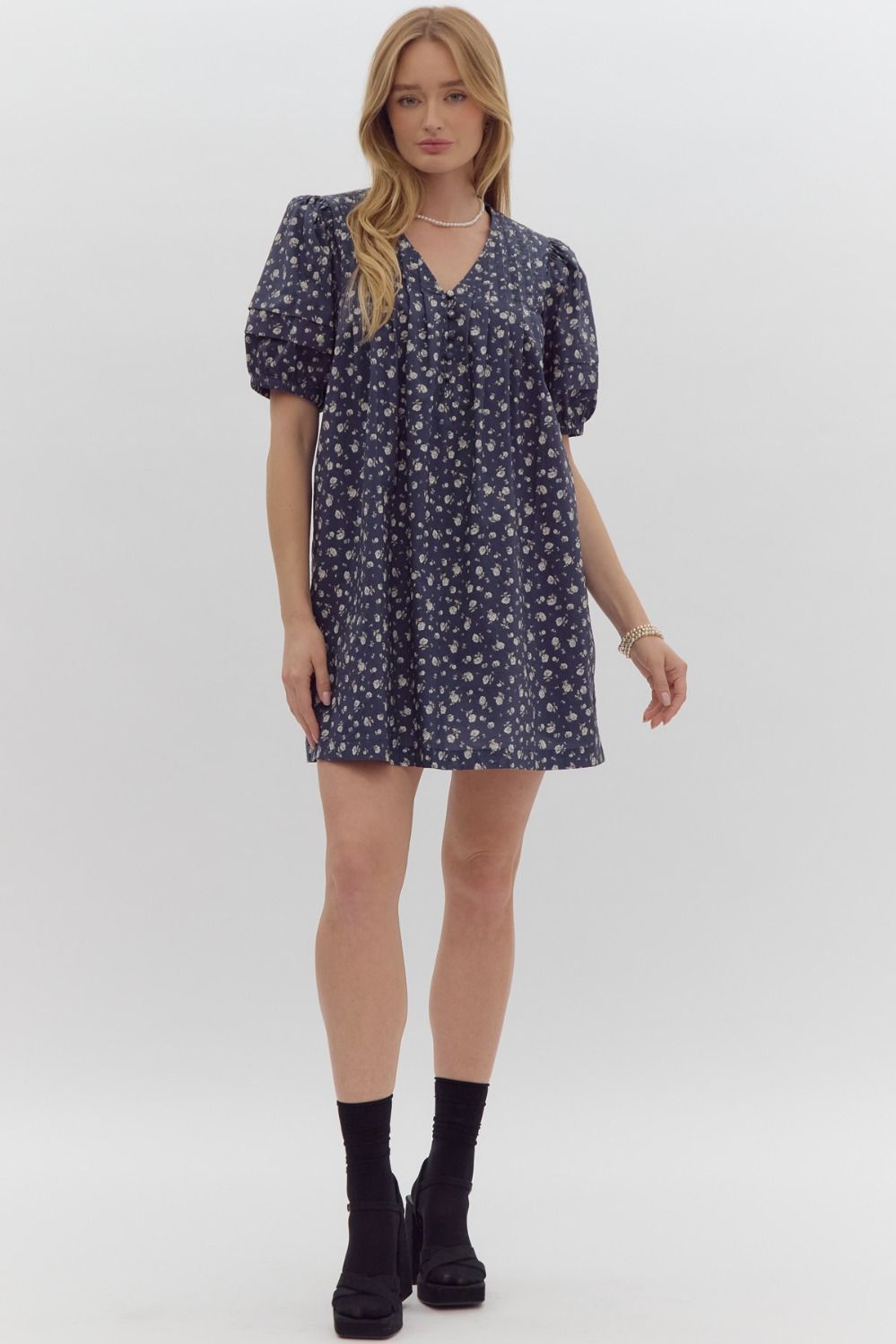 Navy Floral Puff Sleeve Dress