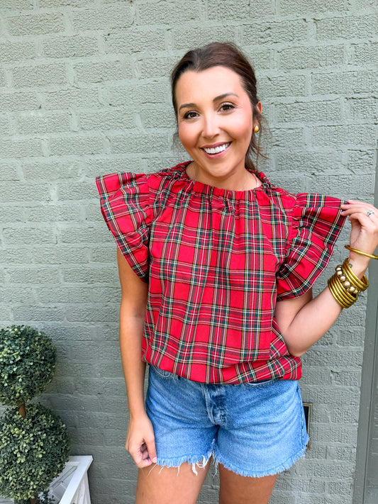 Red Tartan Ruffle Sleeve Top