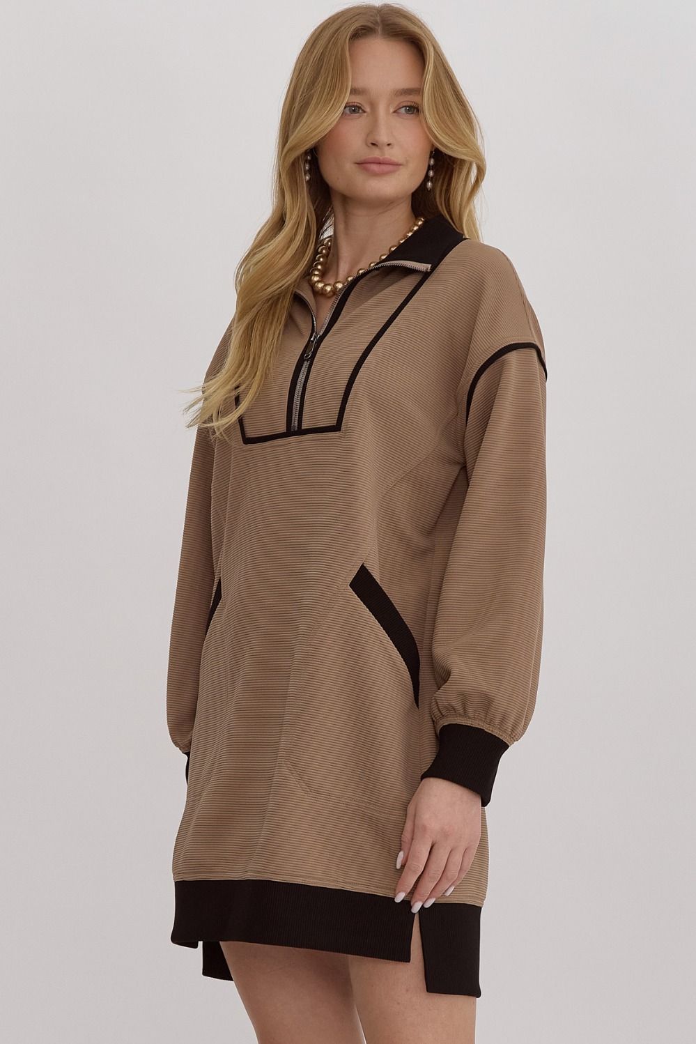 Mocha Half Zip Ribbed Collar Dress