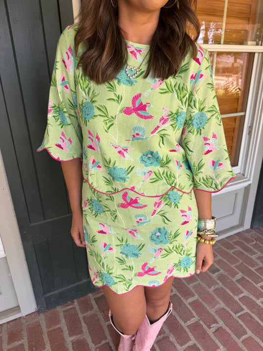 Bird and Floral Print Scalloped Skirt Set