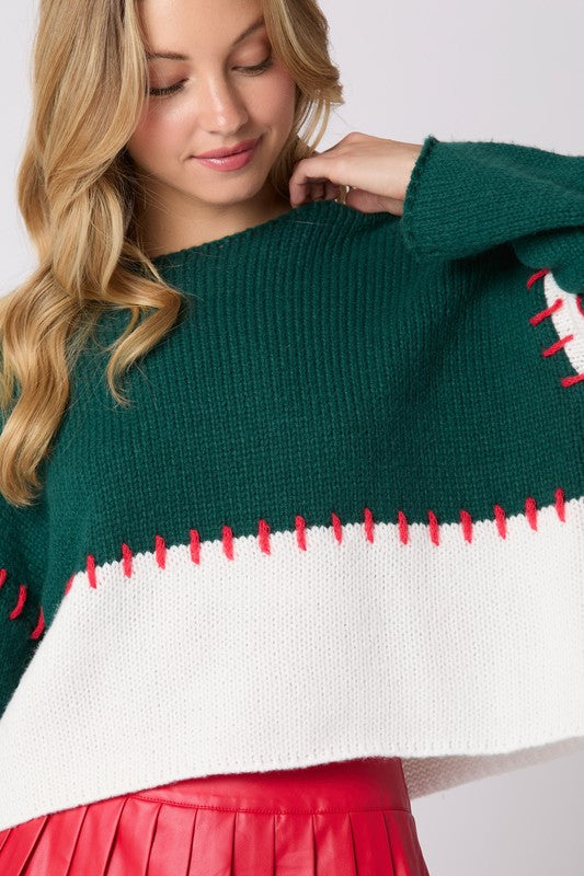 Green Color Block Hand Stitch Detail Sweater