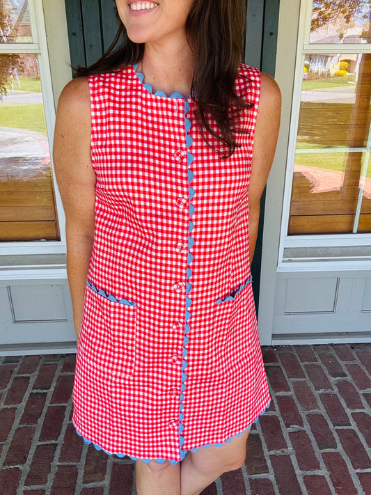 Red Gingham with Powder Blue Ric Rac Trim Shift Dress