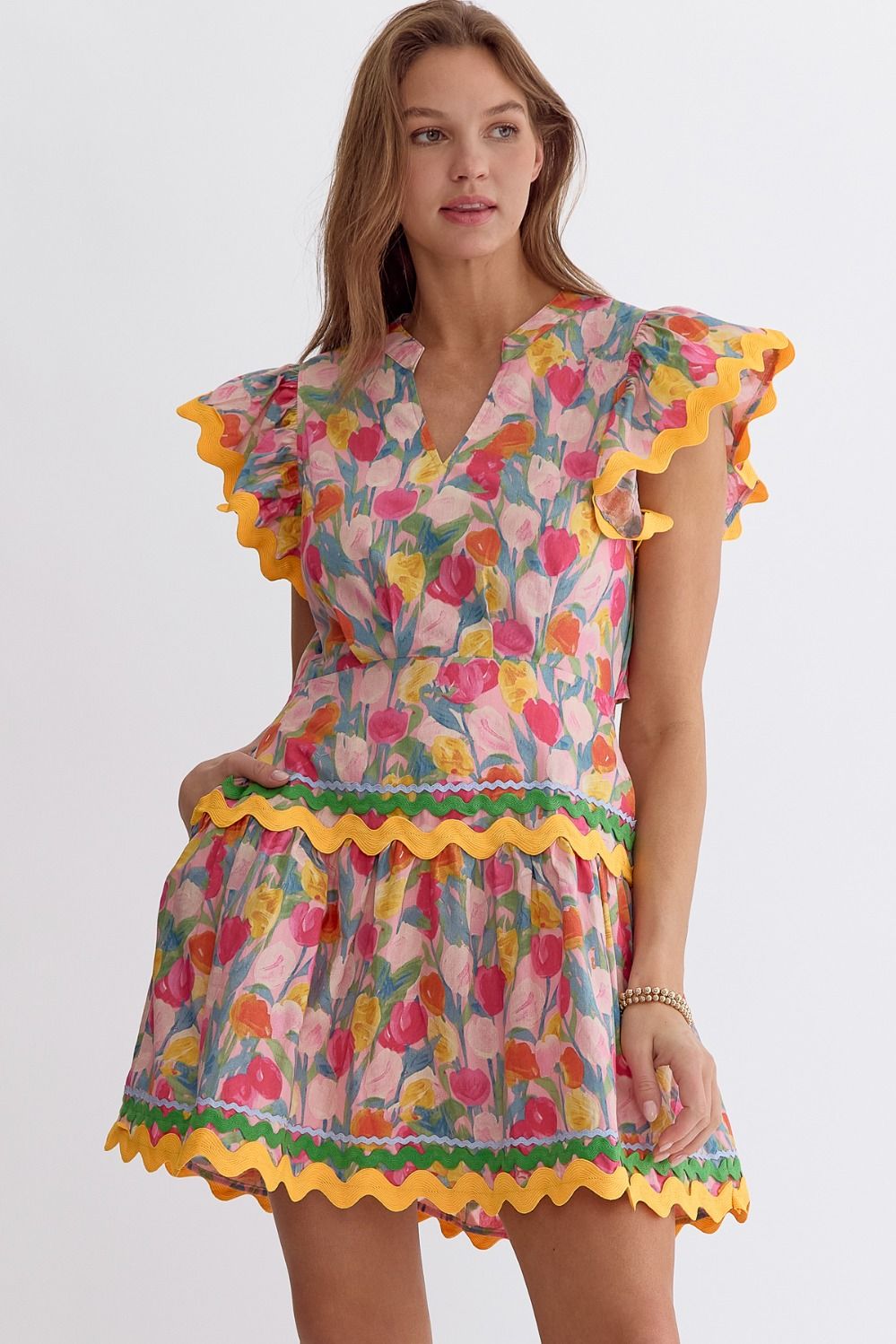 Pink Floral Ric Rac Trim Dress