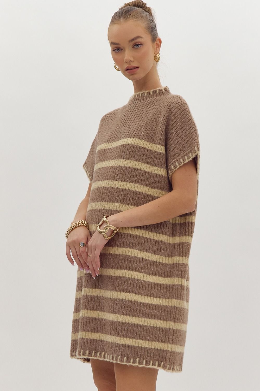 Mocha Striped Sleeveless Sweater Dress