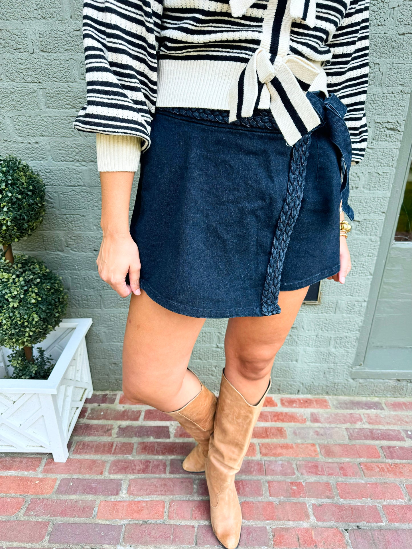 Black Denim Braided Wrap Skort