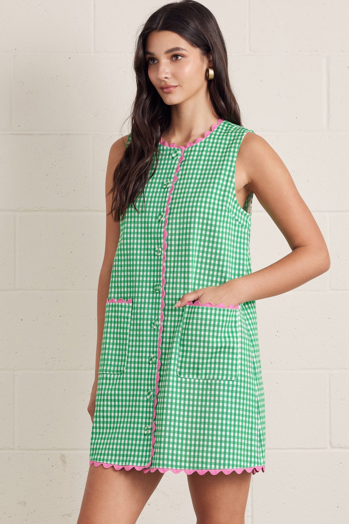 Green Gingham with Pink Ric Rac Trim Shift Dress