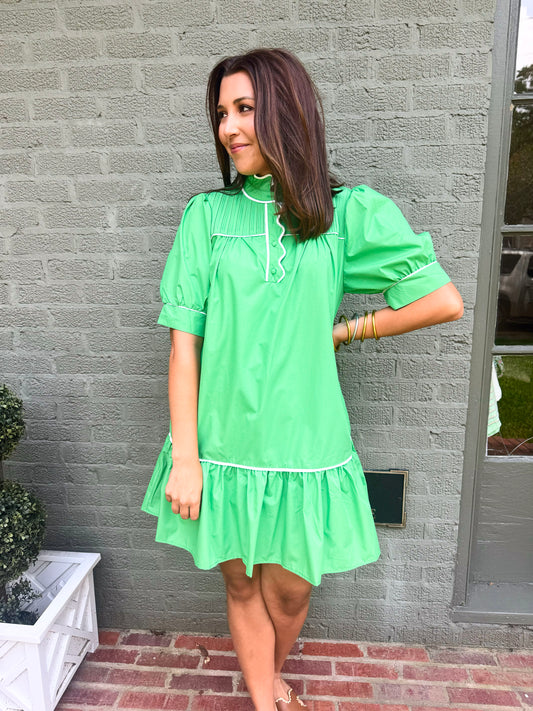 Kelly Green High Neck Ruffle Detail Dress