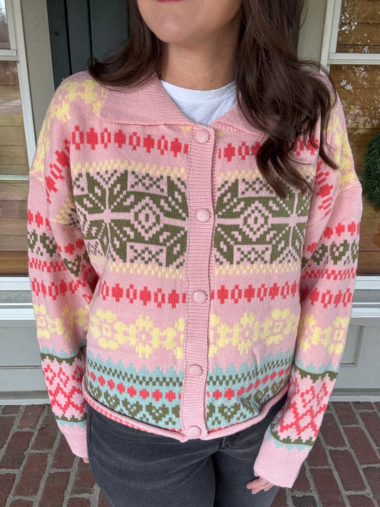 Blush Pink Fair Isle Button Up Collared Sweater