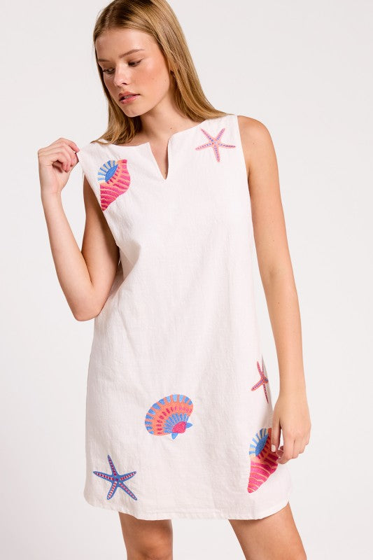 Shell Embroidered White Linen Dress