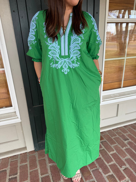 Green Embroidered Braided Detail Midi