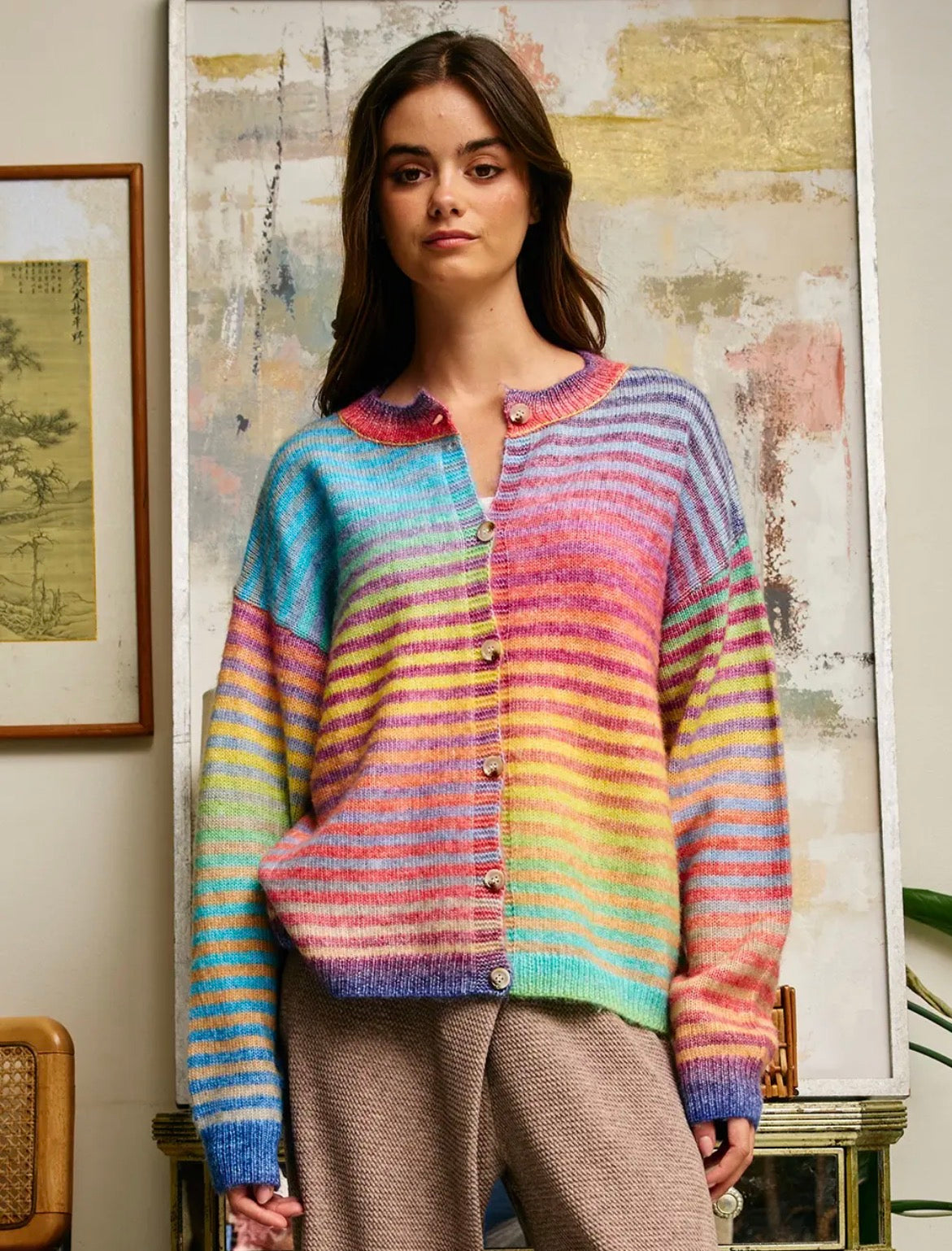 Space-Dye Striped Button Down Cardigan